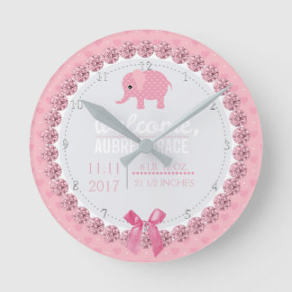 Relógio Redondo Girls Nursery Pink Elephant | Estatísticas de Nasc