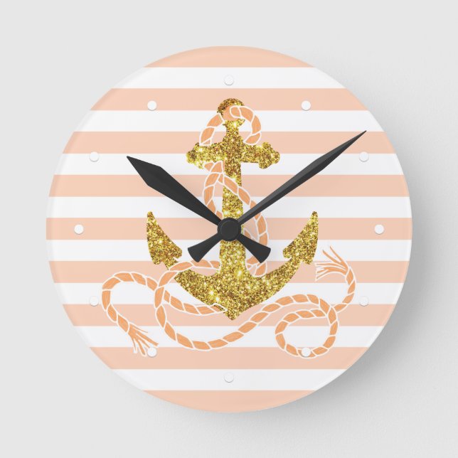 Relógio Redondo Girly Faux Glitter Anchor (Frente)