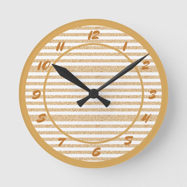 Relógio Redondo Glam Gold Glitter Sparkle Stripes Decorative (Frente)
