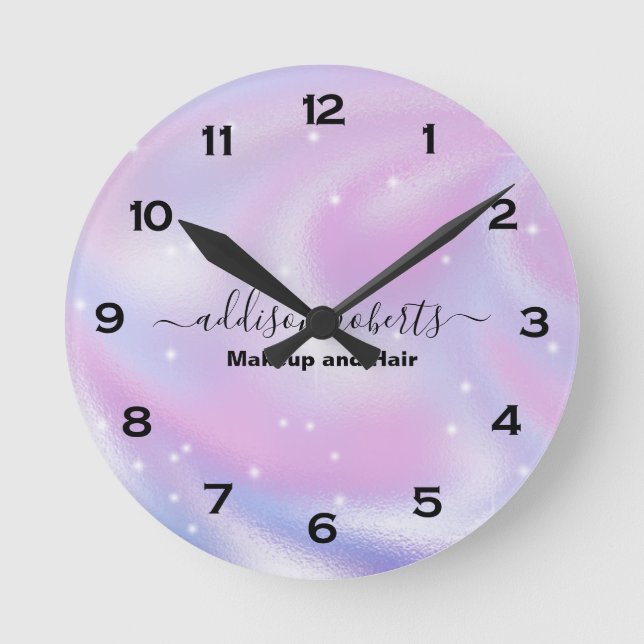 Relógio Redondo Glam Iridescent Sparkle Holographic Round Clock (Frente)