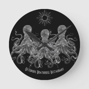 Relógio Redondo Glam Octopus Black   Silver Script Sun Wall Clock