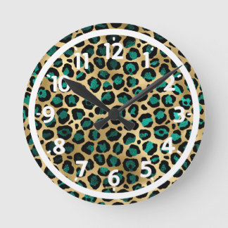Relógio Redondo Glamour em Estampa de Leopardo Dourado e Azul