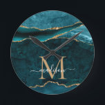 Relógio Redondo Glitter Monograma de Gito de Gito Dourado Verde de<br><div class="desc">Glitter Verde Verde Dourado Glitter Glister Geode Gemstone Gemstone Elegante Monogramas Feminina Manuscrito</div>