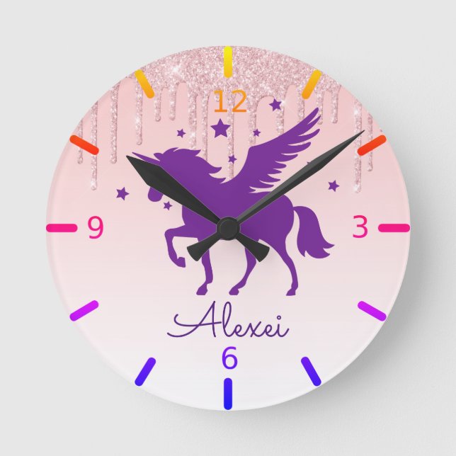Relógio Redondo Glitter Personalizado de Discagem - Unicórnio Roxo (Frente)