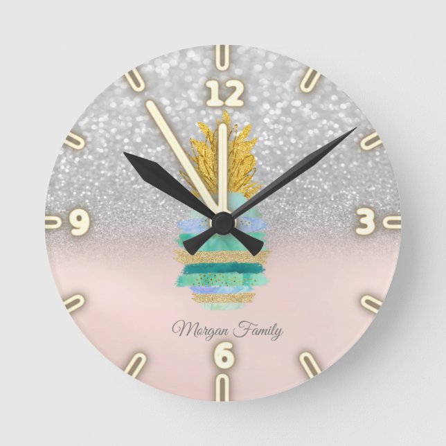 Relógio Redondo Glitter Silver Glitter Verde do Abacaxi Bokeh  (Frente)