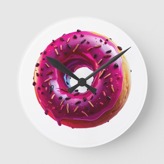 Relógio Redondo Glossy Pink Donut with Dark Sprinkles (Frente)