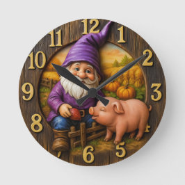 Relógio Redondo Gnome Feeding Pig in Autumn Farm Scene