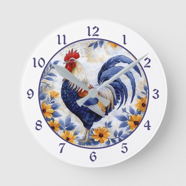 Relógio Redondo Gold Floral Blue Rooster Farmhouse (Frente)