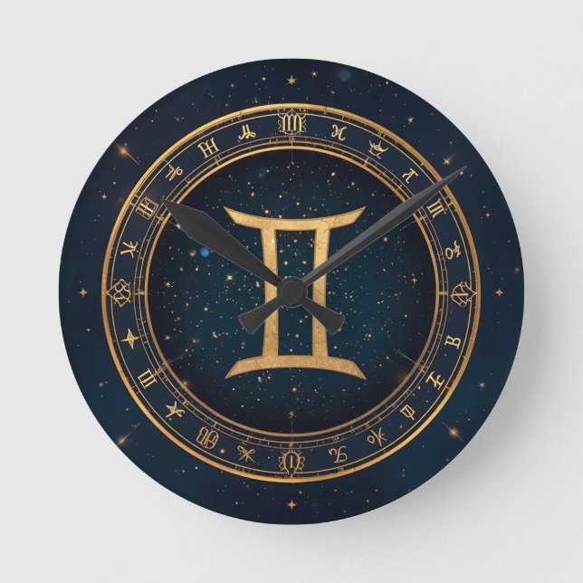 Relógio Redondo Golden Gemini Zodiac Circle With Starry Night (Frente)