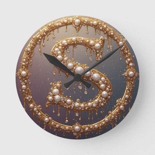 Relógio Redondo Golden Monogram Initial Letter S (Frente)