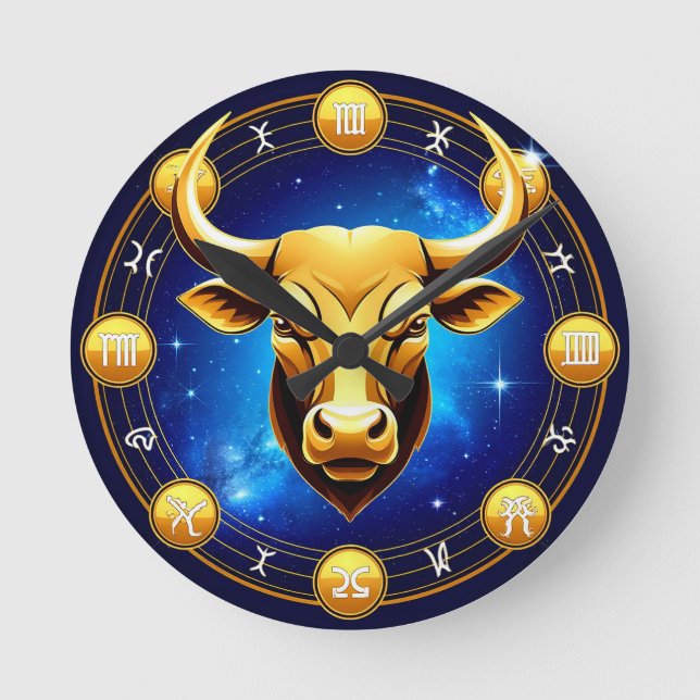 Relógio Redondo Golden Taurus Bull In Cosmic Zodiac Circle (Frente)