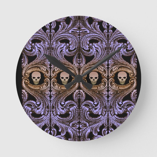 Relógio Redondo Gótico Roxo Ornament and Skull (Frente)