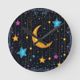 Relógio Redondo Grande lua crescida e numerosas estrelas