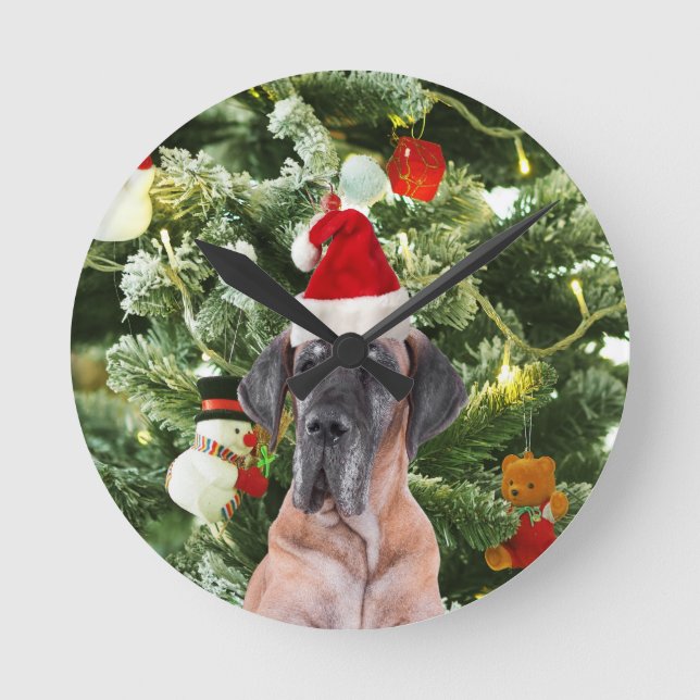 Relógio Redondo Great Dane com Caixas de Presente de Árvore de Nat (Frente)