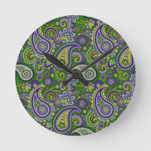 Relógio Redondo Green and Purple Paisley