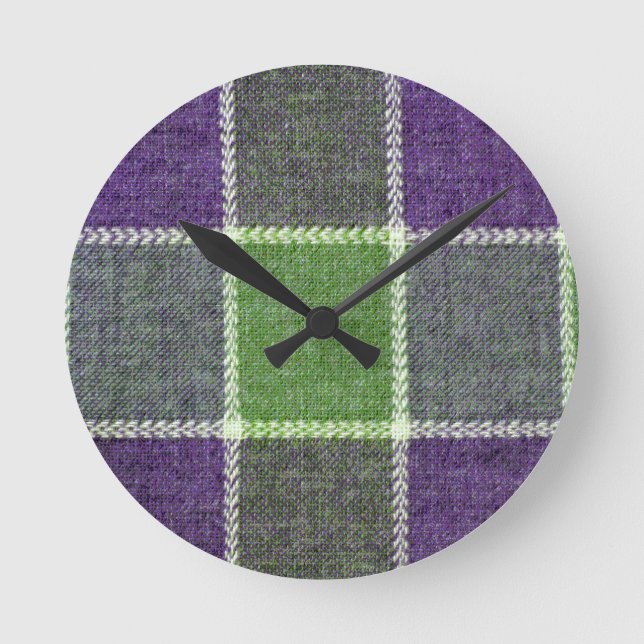Relógio Redondo Green and Purple Plaid Wool Fabric Texture (Frente)