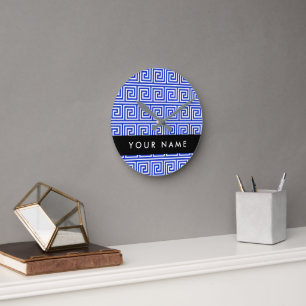 Relógio Redondo Grego Meander Key Blue, Seu Nome, Personalize