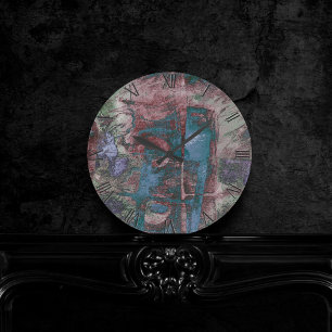 Relógio Redondo Grunge de Grafite pintado   Ruim Vermelho Azul Tau