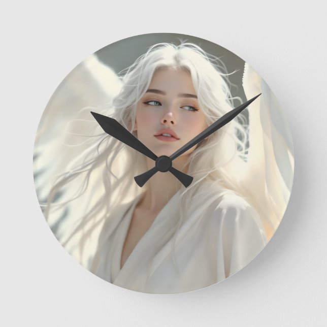 Relógio Redondo Guardião Luminoso - Anjo da Aurora Prateada (Frente)