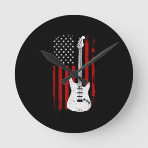 Relógio Redondo Guitarra Americana Bandeira dos EUA Tocador de Mús