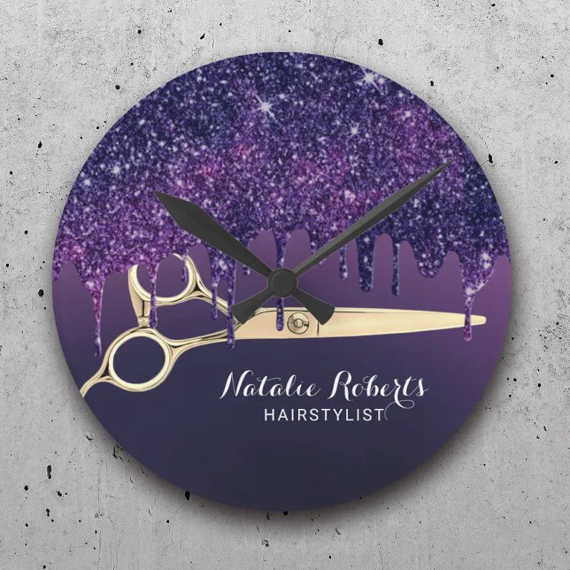 Relógio Redondo Hair Stylist Magic Purple Glitter Drives Salon (Criador carregado)
