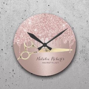 Relógio Redondo Hair Stylist Rosa Glitter Dourado Glitter Drives S