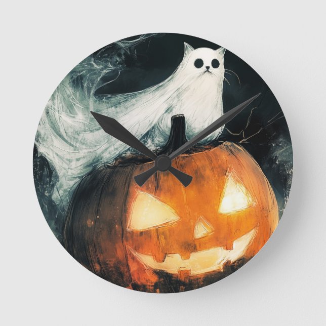 Relógio Redondo Halloween GhostCat e Jack o Lanterna (Frente)