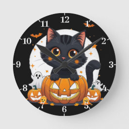 Relógio Redondo Halloween Wall Clock with cute cat