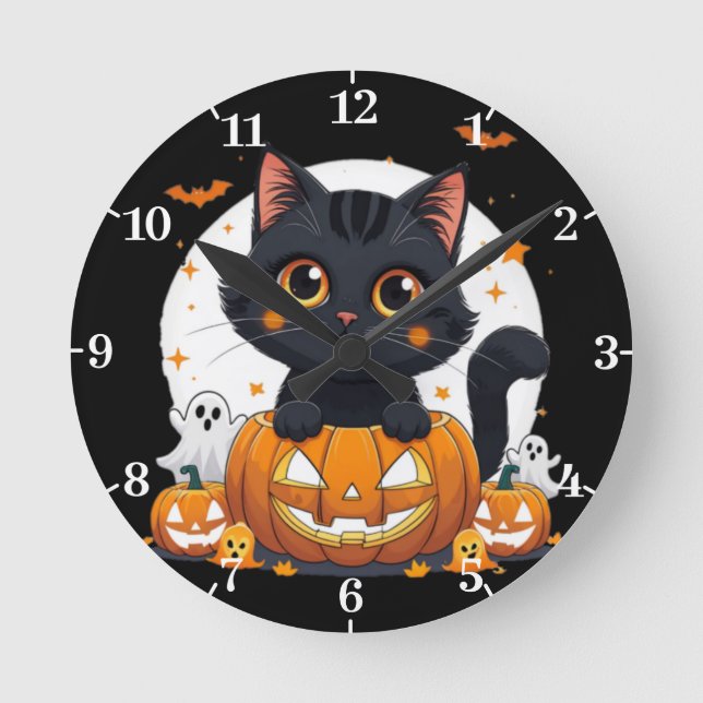 Relógio Redondo Halloween Wall Clock with cute cat (Frente)