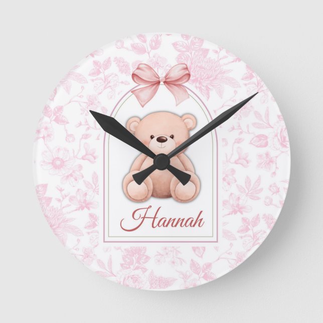 Relógio Redondo Hannah | Design de Enfermeiro de Urso Rosa Persona (Frente)