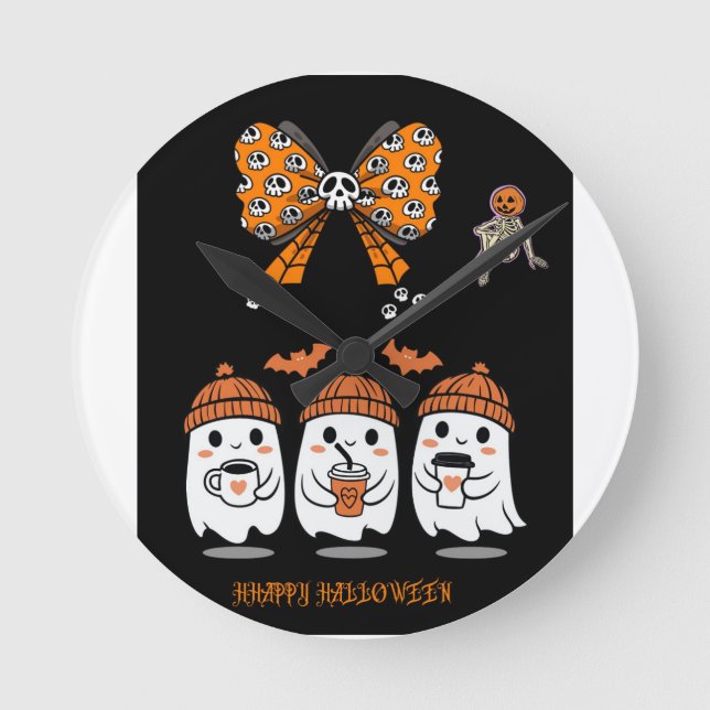 Relógio Redondo Happy Halloween – fantômes café mignons (Frente)