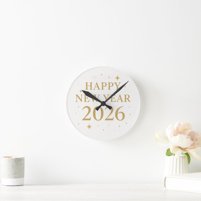 Relógio Redondo ✨ Happy New Year 2026 Elegant Gold Wall Clock | Mi (Lar)
