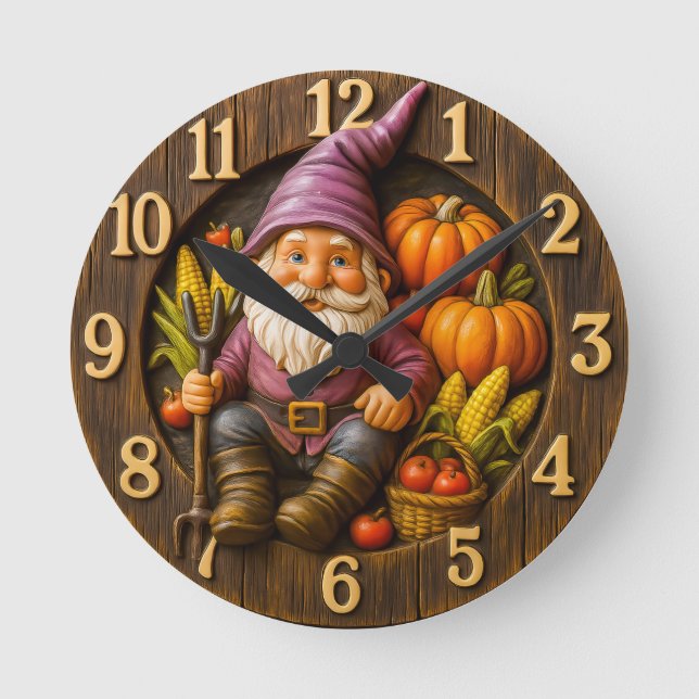 Relógio Redondo Harvest gnome with pumpkin rustic (Frente)