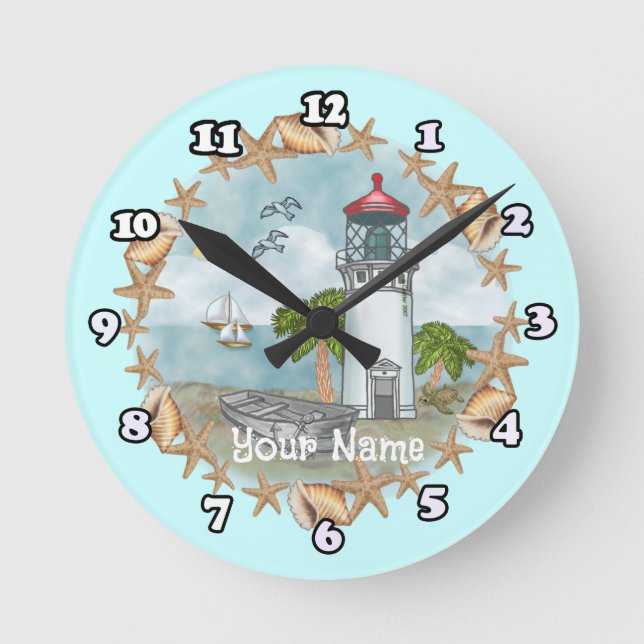 Relógio Redondo Hawaii Shells Lighthouse clock (Frente)