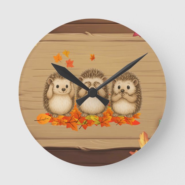 Relógio Redondo hear, see and speak no evil Hedgehogs leafs (Frente)