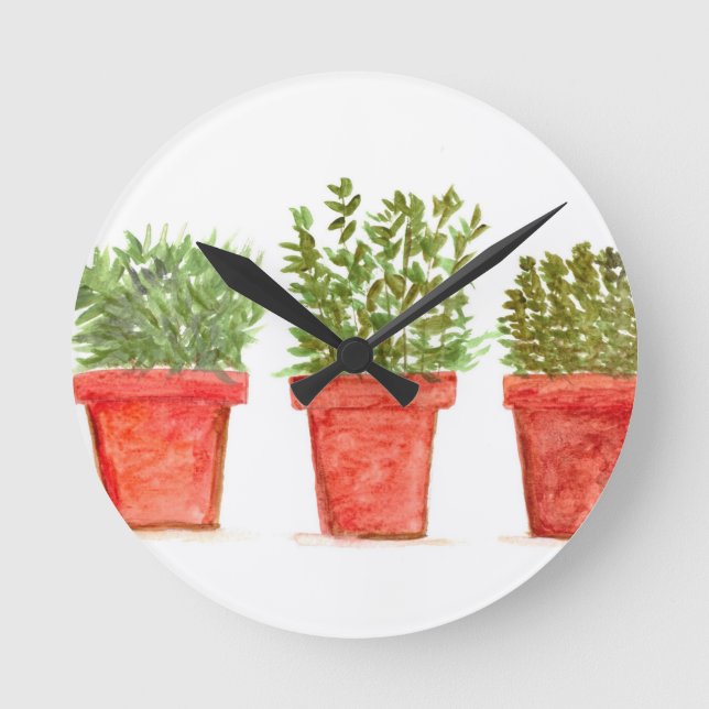 Relógio Redondo Herbs thyme rosemary mint aquarela herbáceas rústi (Frente)