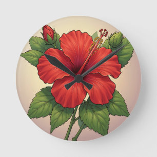 Relógio Redondo Hibisco Vermelho Tropical Ousado