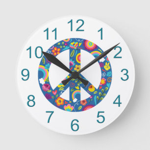 Relógio Redondo Hippy 60s Boho Peace Sign Round Clock