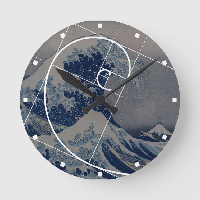 Relógio Redondo Hokusai Conhece Fibonacci, Rácio De Ouros (Frente)