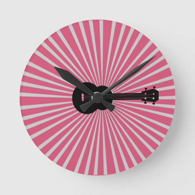 Relógio Redondo Horário Ukulele Rosa Sunburst Clock (Frente)