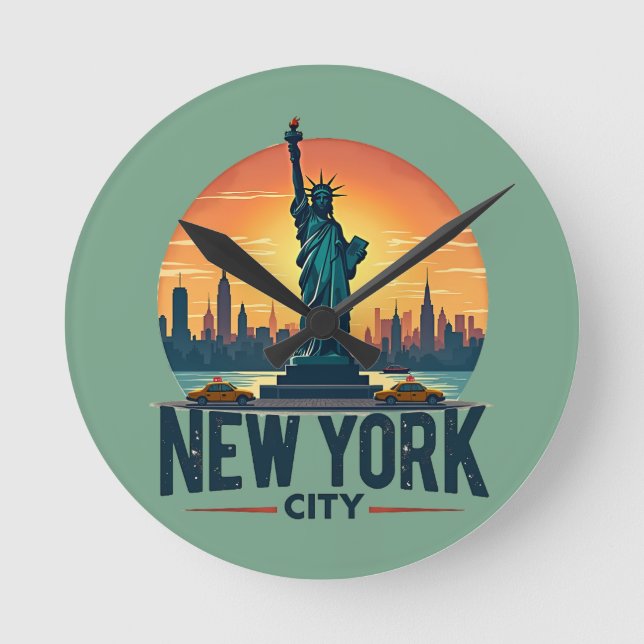 Relógio Redondo Horizonte Retro da Cidade de Nova York com Estátua (Frente)