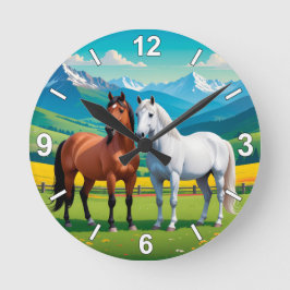 Relógio Redondo Horse Wall Clock – White and Brown Horses Nature H