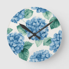 Relógio Redondo Hortênsia Azuis Floral Aquarela Botânica Florações