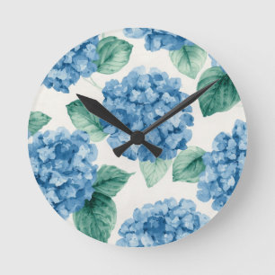 Relógio Redondo Hortênsia Azuis Floral Aquarela Botânica Florações