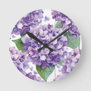 Relógio Redondo Hortênsia Roxa Aquarela Floral Lavanda Flor 