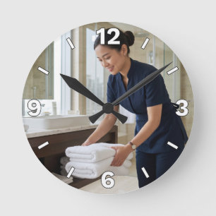Relógio Redondo Housekeeper Maid Hotel Staff Towel Organizing