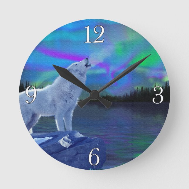 Relógio Redondo Howling Wolf & Aurora Wildlife Art Clock (Frente)