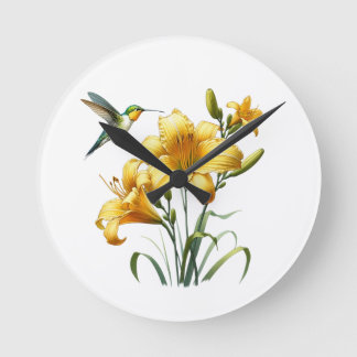 Relógio Redondo Hummingbird and Yellow Lilies Round Clock