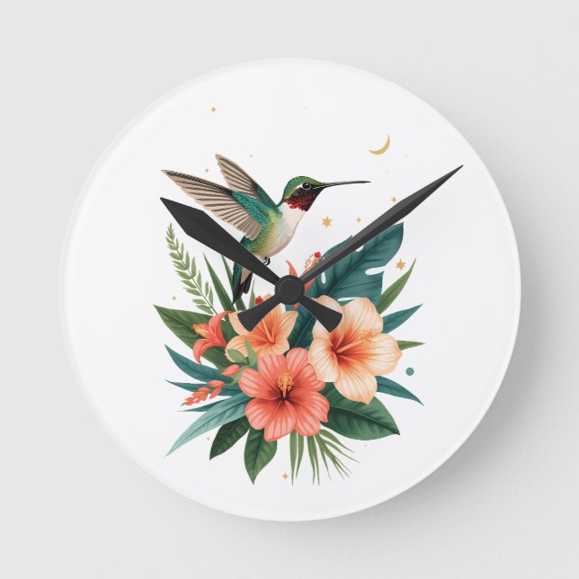 Relógio Redondo Hummingbird Bloom Tropical Wall Clock (Frente)