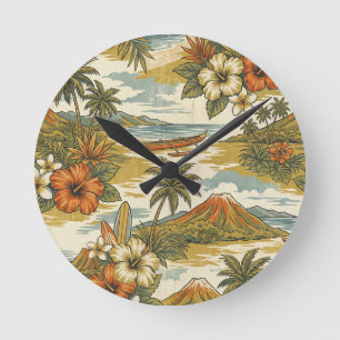 Relógio Redondo Ilha do Hibisco Havaiano Cênico - Dourado e Laranj